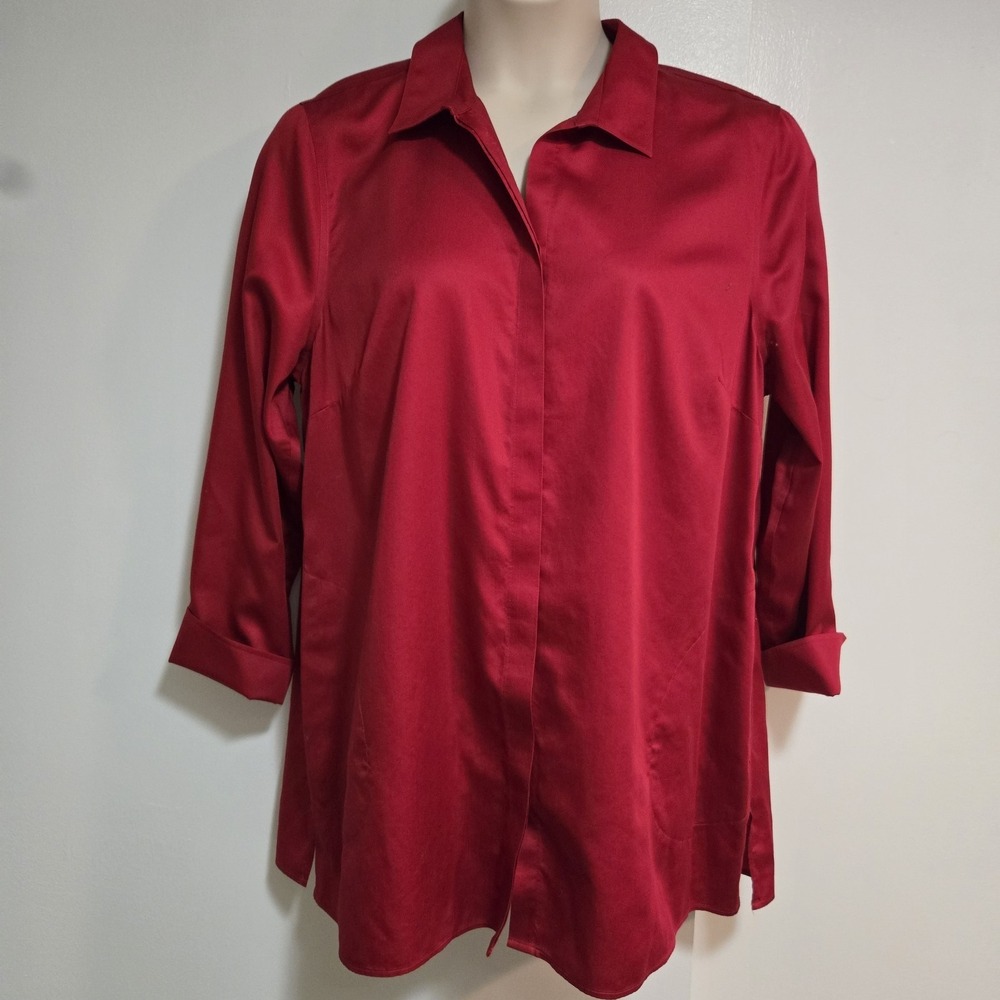 Chico's Size 3 (XL)  Red No Iron Cotton Button-Up Tunic Blouse with Pockets